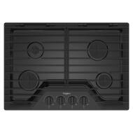 Black 30-inch gas cooktop with four burners and hinged cast-iron grates for home improvement kitchens