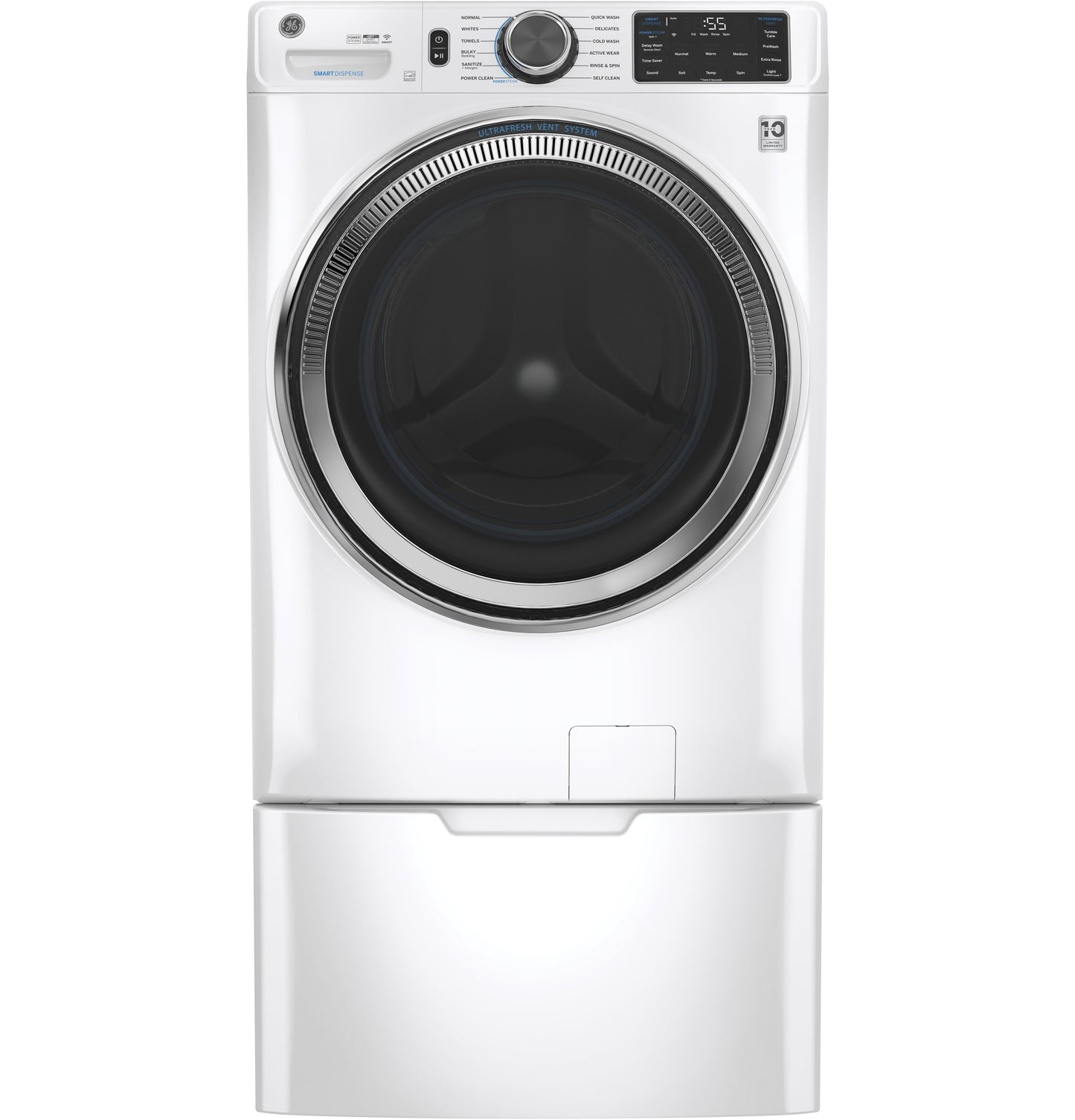 White front-load washing machine with digital controls and pedestal for laundry appliance organization