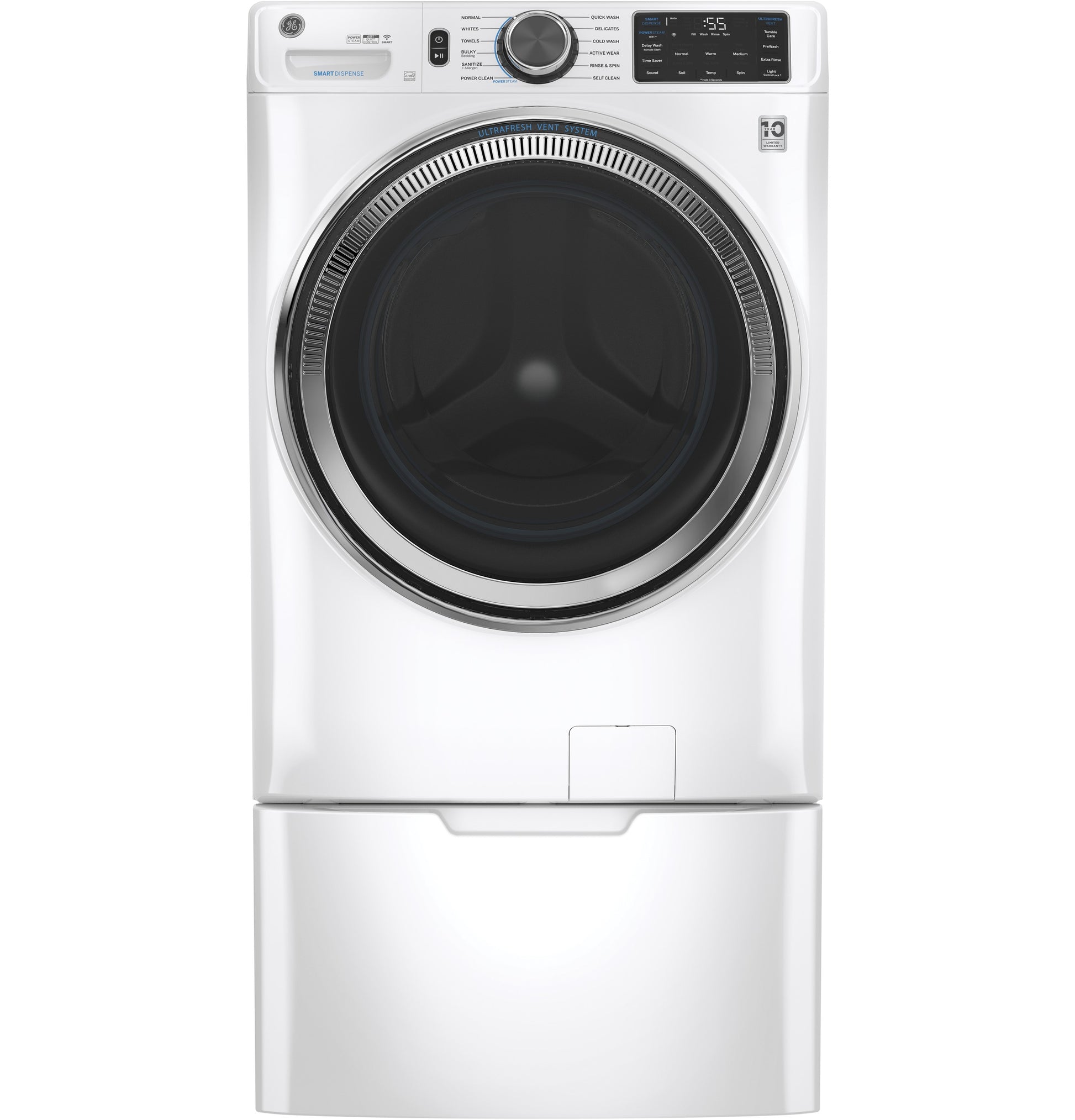 White front-load washing machine with digital controls and pedestal for laundry appliance organization