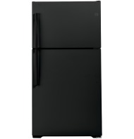 Black top-freezer refrigerator with textured handles, suitable for kitchens and appliances collections.