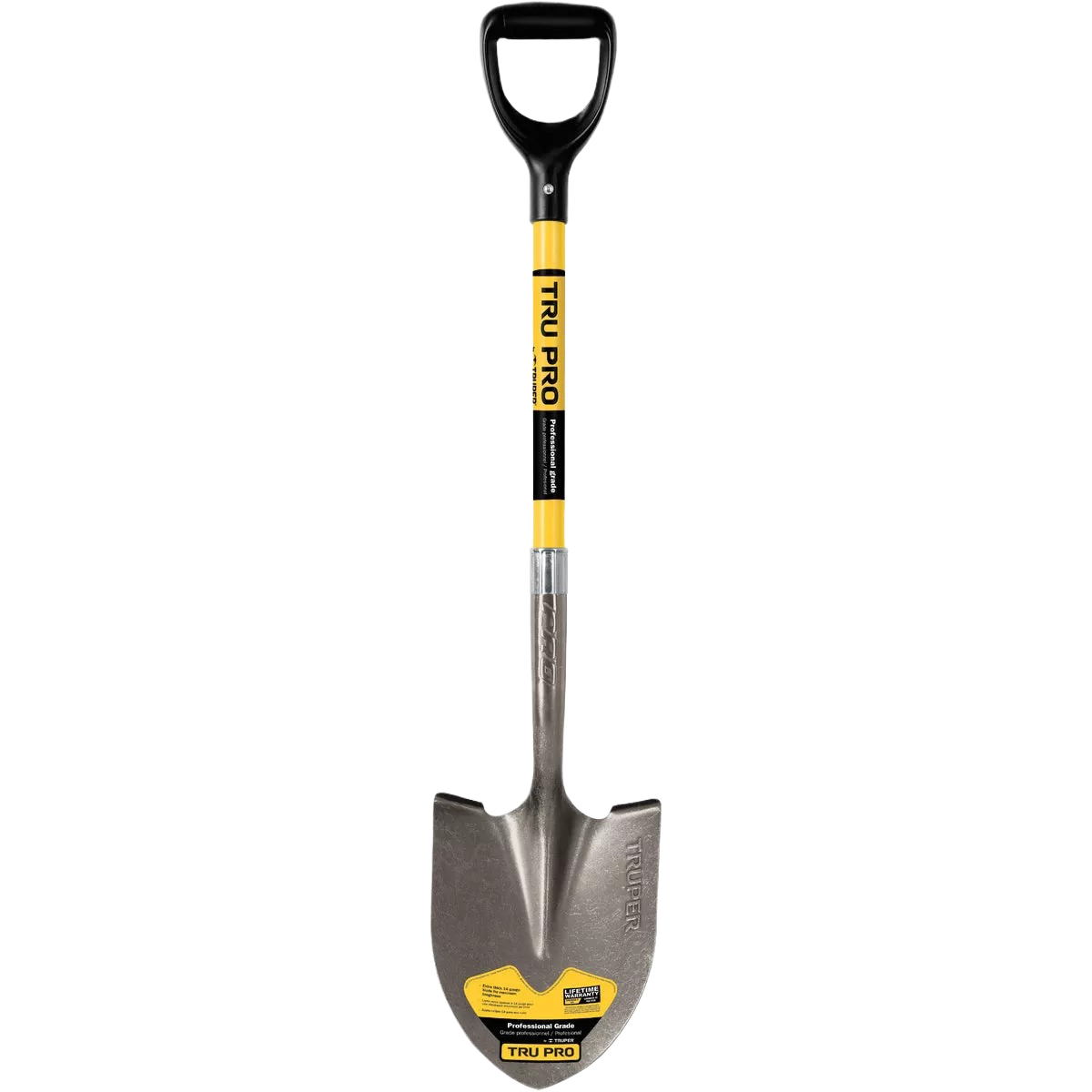 Fiberglass D-handle round point shovel with heavy-duty steel blade for digging in garden and outdoor hand tool use under $50