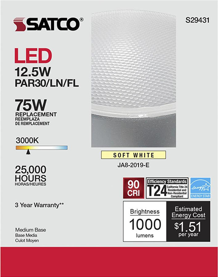 Packaging for Satco LED 12.5W PAR30LN soft white dimmable bulb with 75W replacement and 25,000-hour life