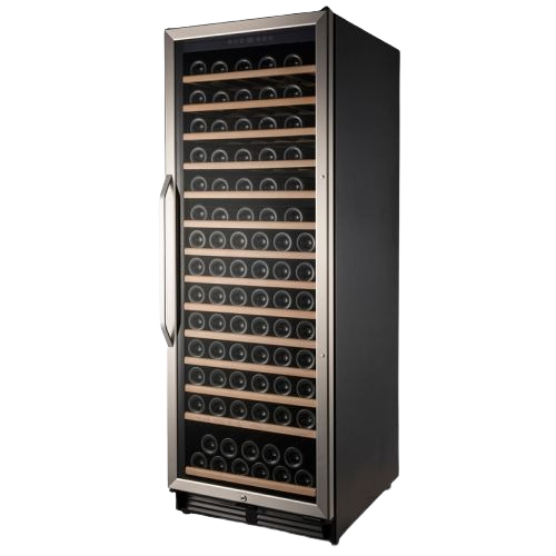 Freestanding black wine cooler with stainless steel trim and wooden shelves storing numerous bottles from Appliances collection