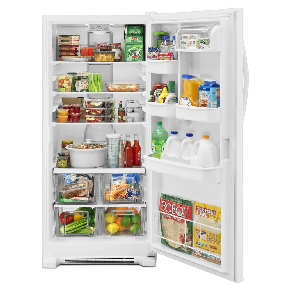 Open 31-inch wide white all refrigerator with LED lighting showing organized food items in Refrigerators and Kitchen & Kitchenware collections