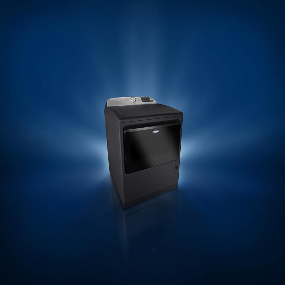 Black top load gas dryer with digital controls and large front window for home appliance laundry.