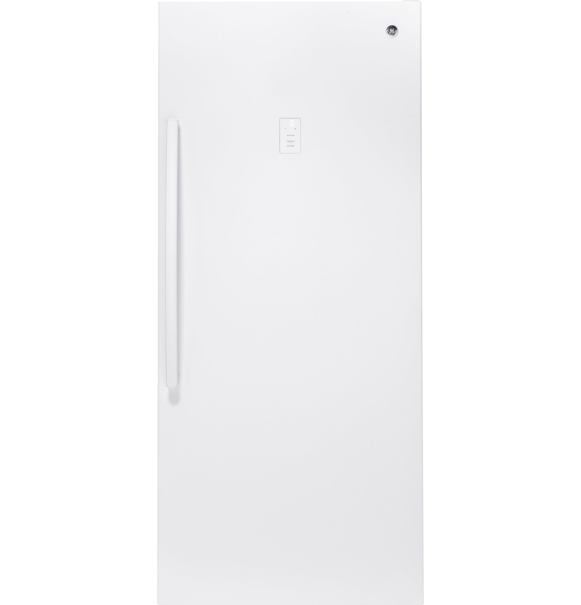Tall white upright freezer with vertical handle and control panel, suitable for garage and kitchen appliance collections