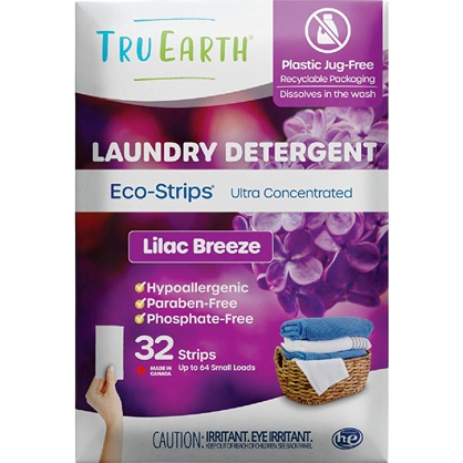 Box of eco-friendly lilac breeze laundry detergent strips with 32 pre-measured strips for cleaning and household use