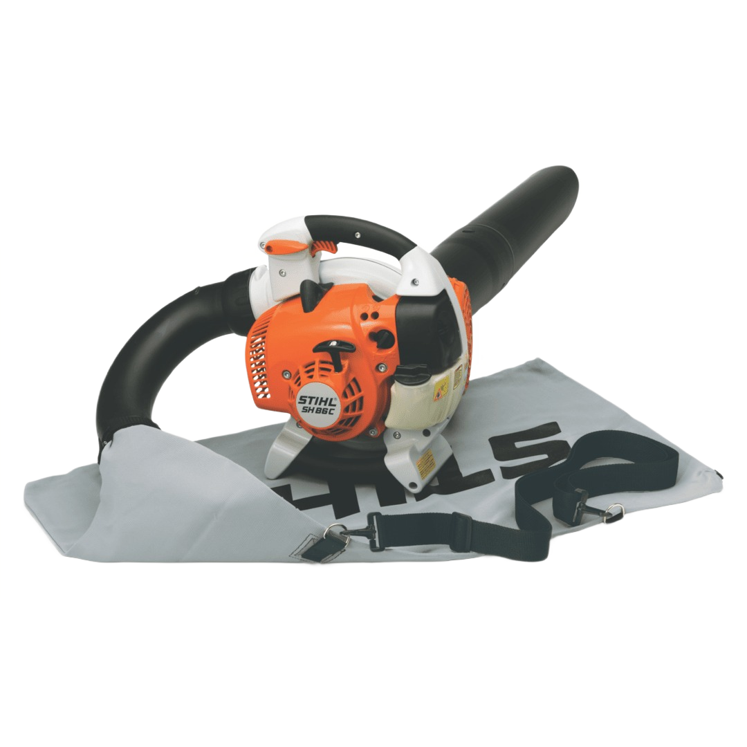 Orange and white gas-powered blower with black nozzle and shoulder strap for outdoor home improvement tasks