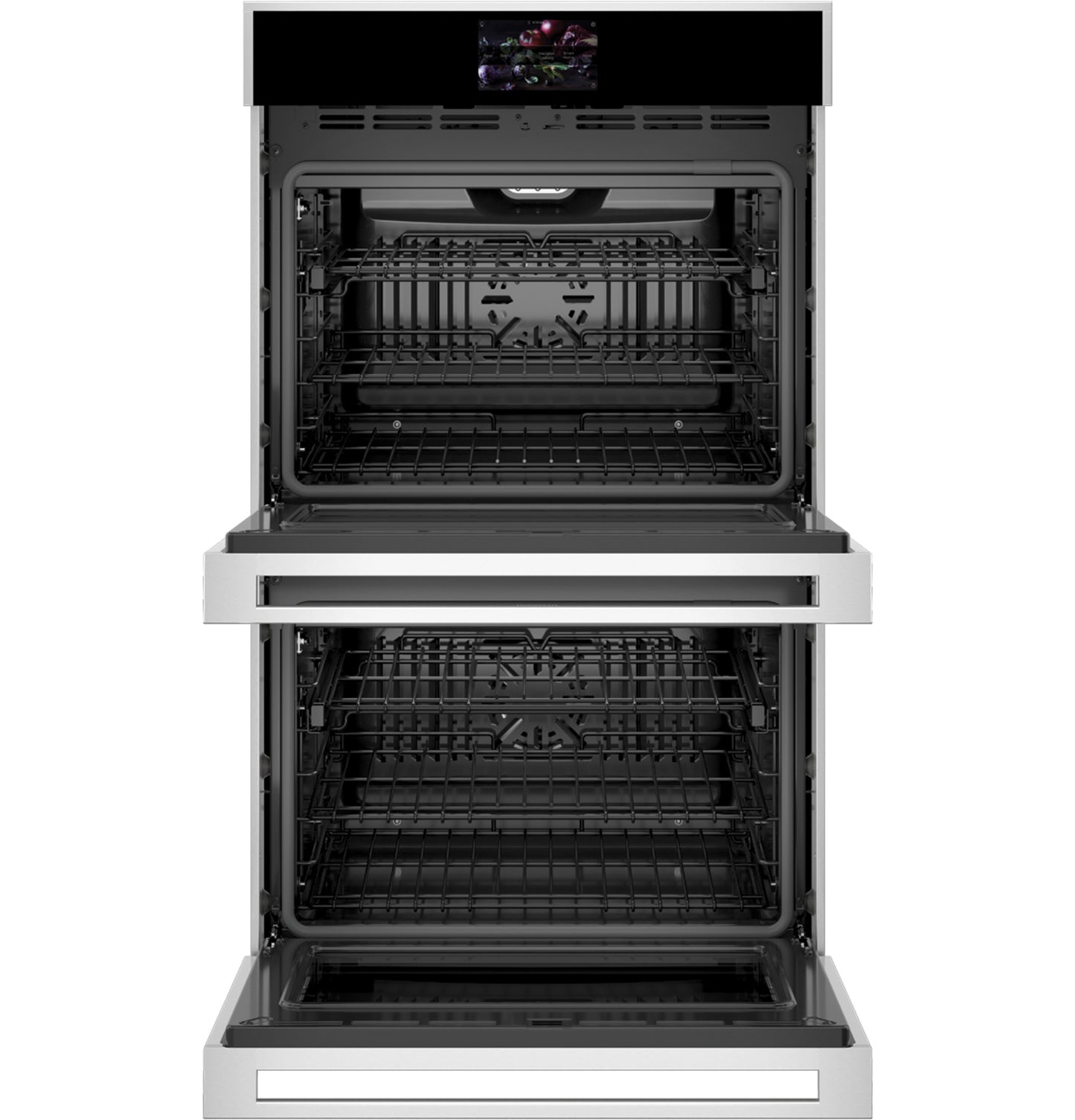 Open stainless steel double wall oven with racks inside for modern kitchen appliances and home improvement collections