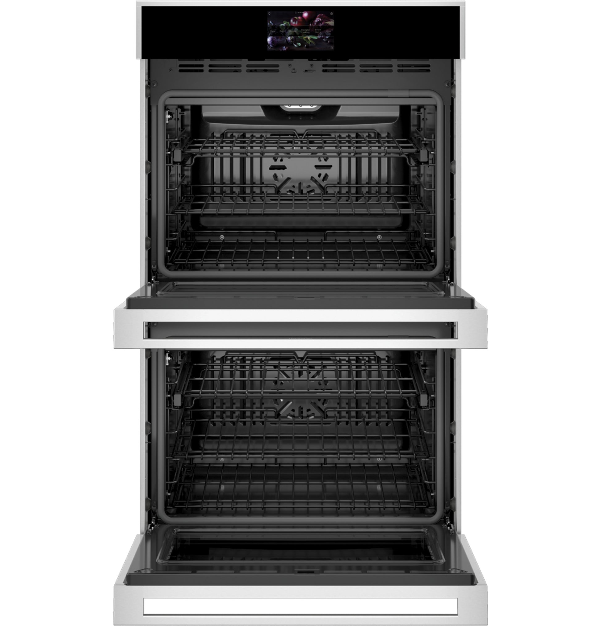 Open stainless steel double wall oven with racks inside for modern kitchen appliances and home improvement collections