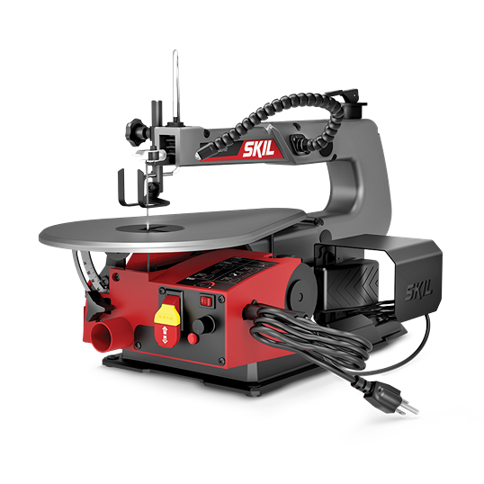 Red and gray variable speed scroll saw with electronic controls for detailed cutting in power tools and stationary machinery collections