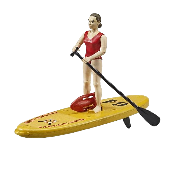 Toy figure of a lifeguard standing on a yellow paddleboard holding a black paddle for beach play or collection