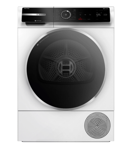 Front view of white heat pump dryer with digital display and control dial from Bosch Dryers collection