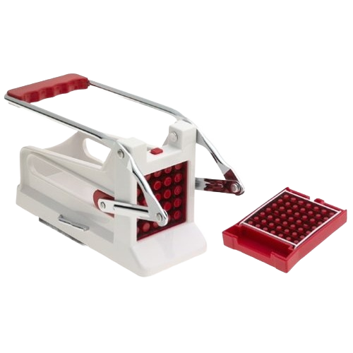 White and red kitchen gadget with metal levers for cutting fries, part of kitchenware and tools collections under $50