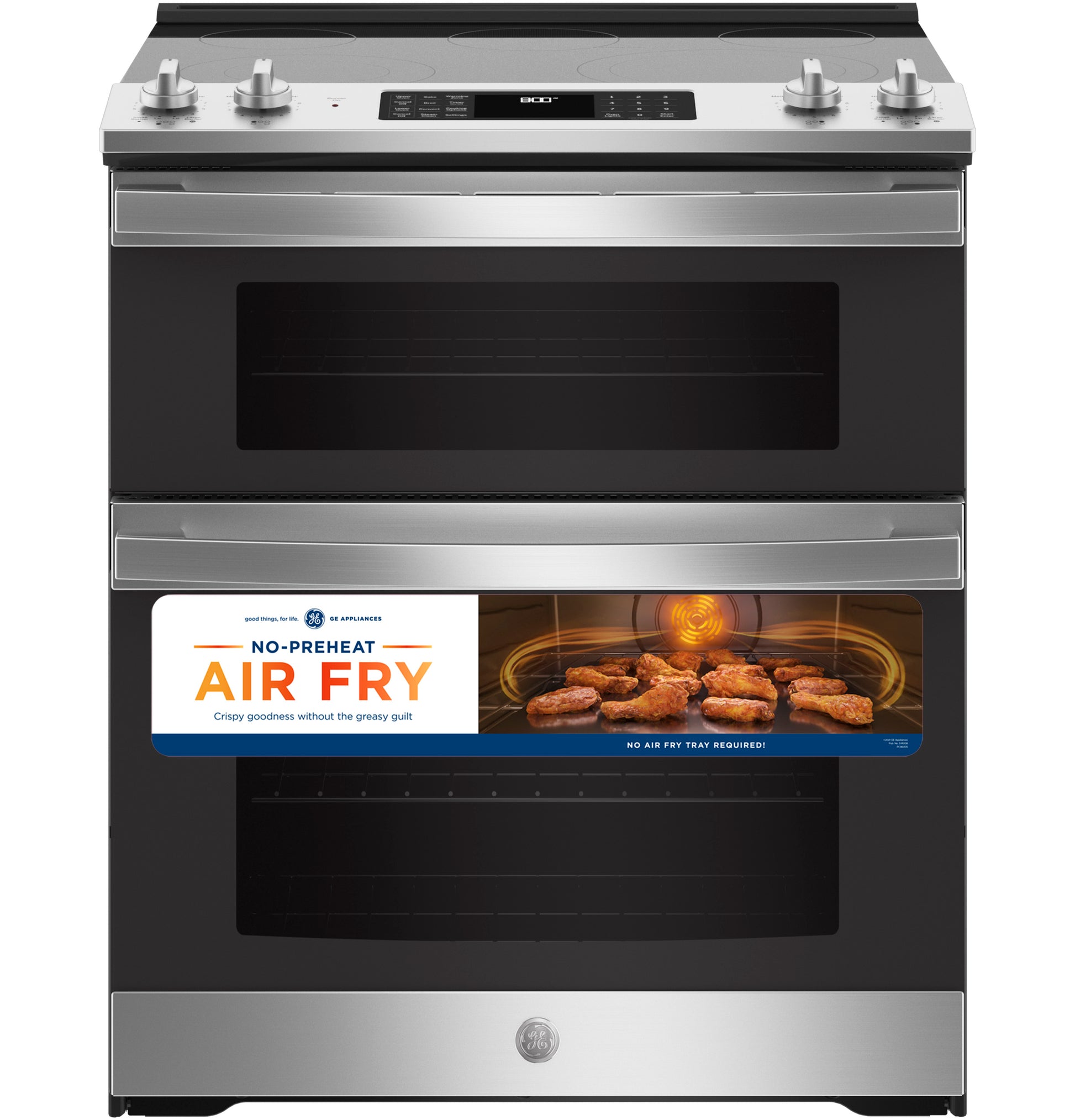 Front view of stainless steel slide-in electric double oven range with air fry feature from kitchen appliances collection