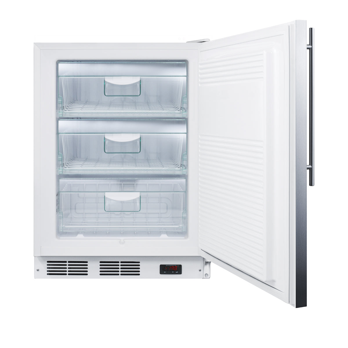 Open ADA compliant 24 inch wide all-freezer with clear storage bins in upright freezer and kitchen appliance setting