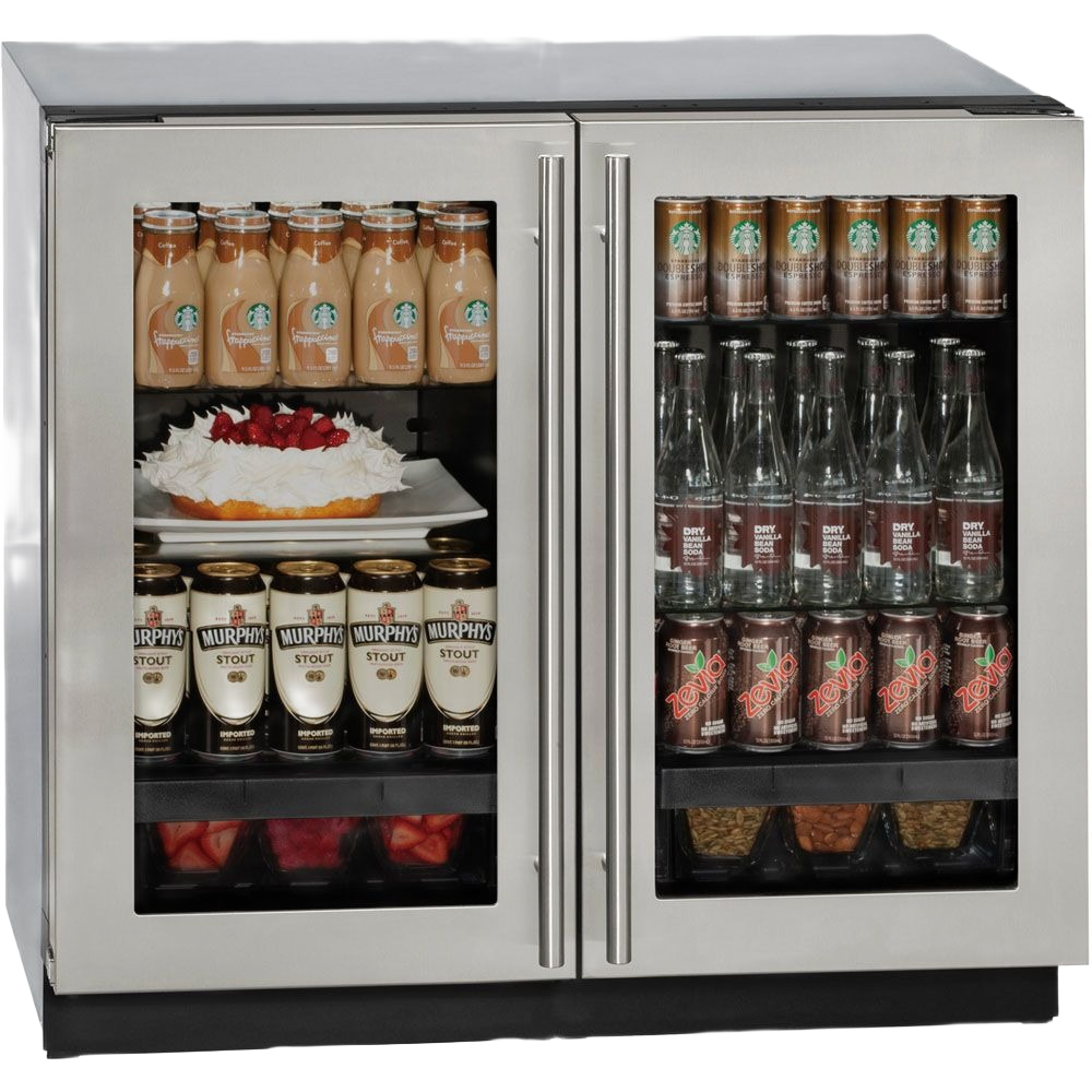 Stainless steel 36-inch French door refrigerator with dual glass doors, interior shelves, and beverage storage from appliances collection