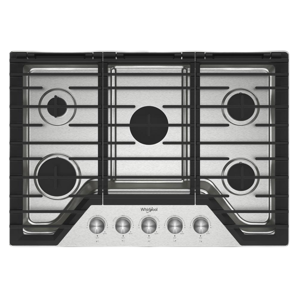 Silver gas cooktop with five burners, cast-iron grates, and five control knobs for home kitchen use