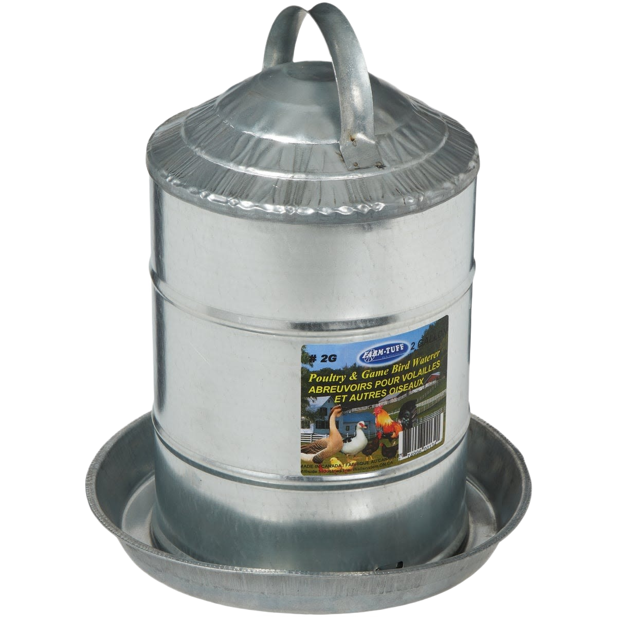 Galvanized steel poultry waterer with a 2-gallon capacity for farm and home improvement use