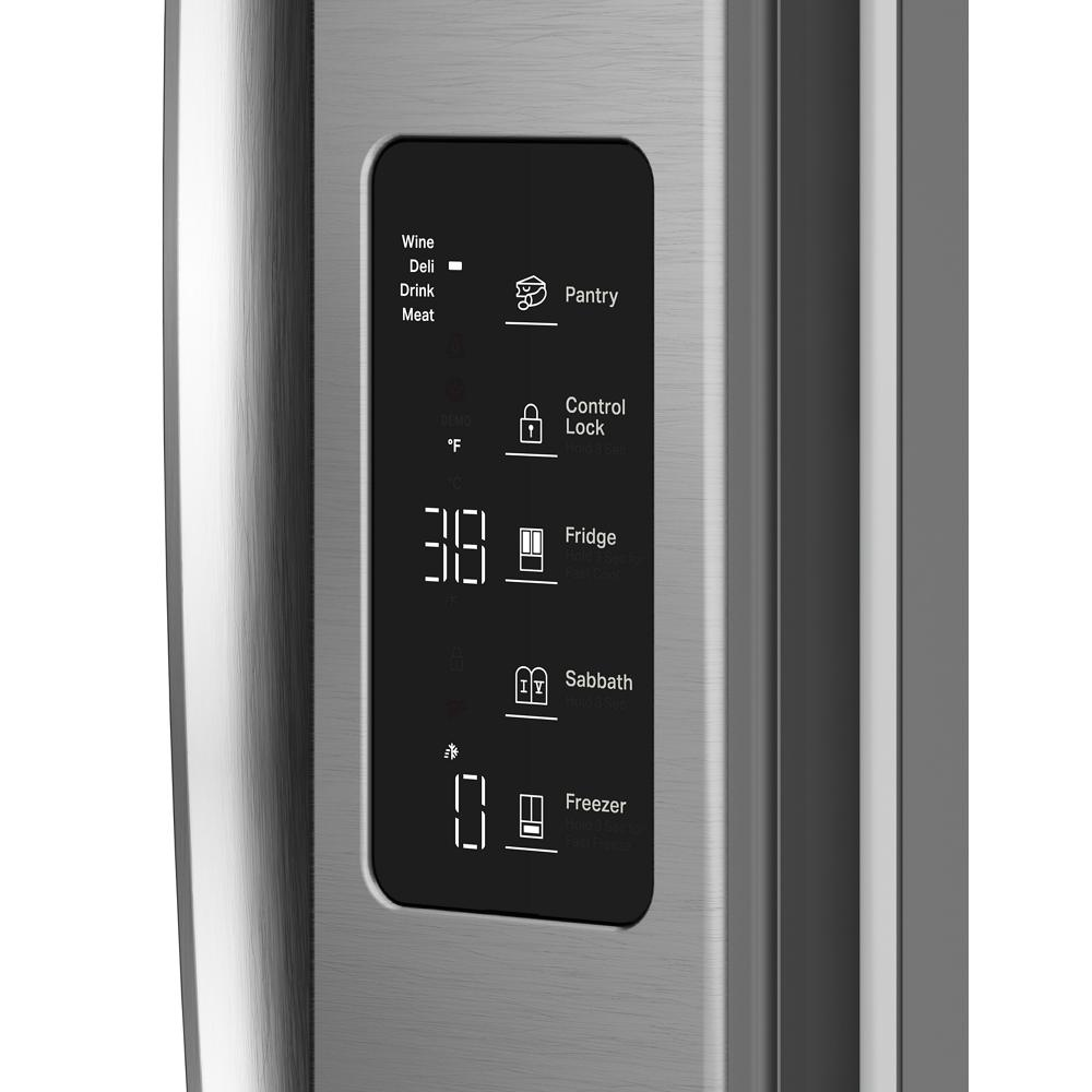 Close-up of stainless steel refrigerator control panel with temperature display and lock features in Appliances collection