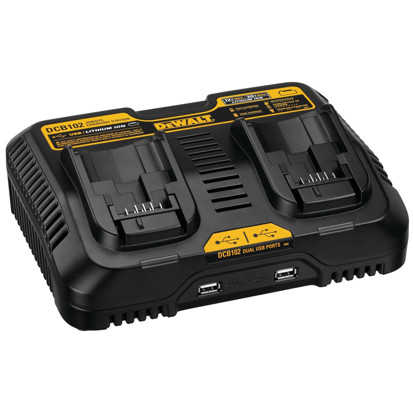 Black dual port battery charger with two USB ports for power tools and home improvement devices