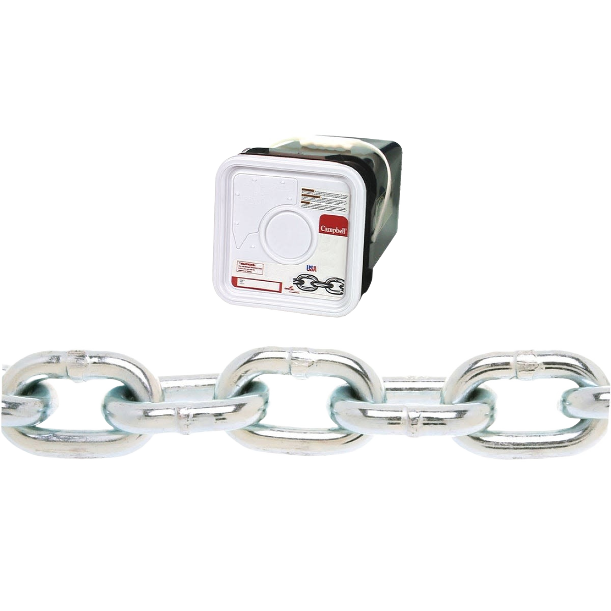 Close-up of zinc-plated low-carbon steel coil chain links with packaging for home improvement use