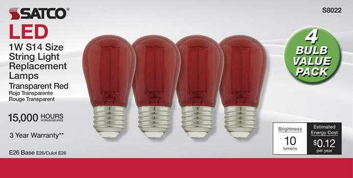 Four red LED string light replacement bulbs with standard screw bases for home improvement use.