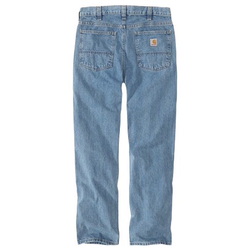 Light blue relaxed fit cotton denim jeans with classic five-pocket styling from Carhartt men's bottoms collection