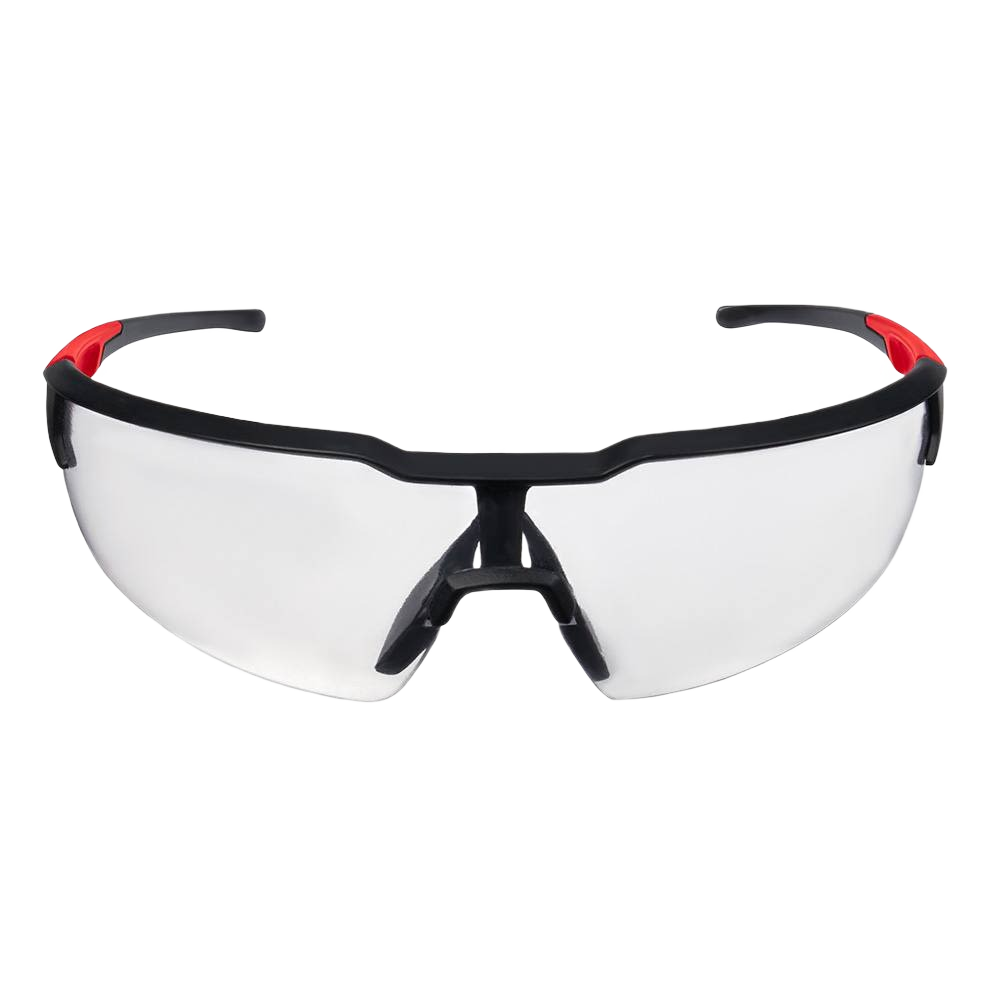 Clear lens protective glasses with black frame and red temple tips for safety and eye protection in hardware and PPE use