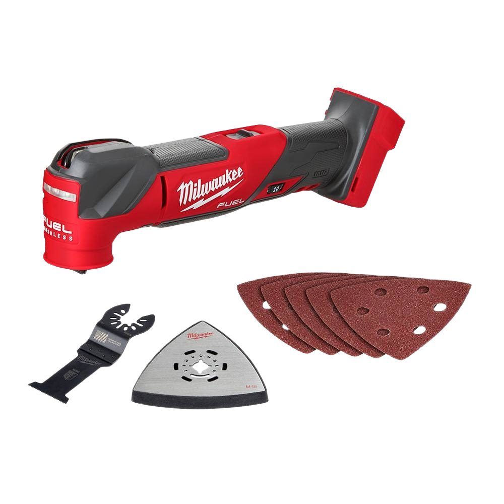 Red and black cordless oscillating tool with sanding pad, blade attachment, and multiple sanding sheets for home improvement tasks
