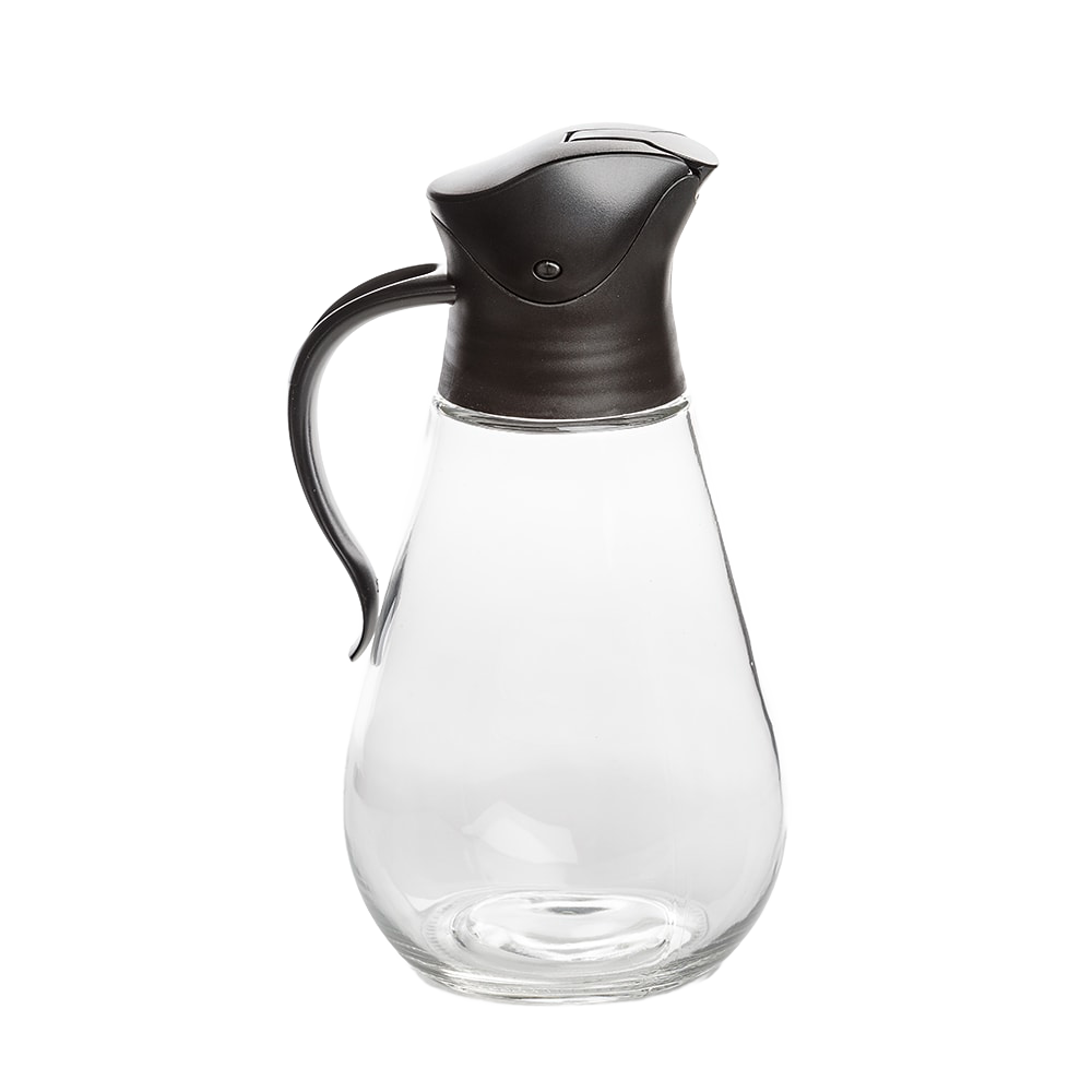 Clear glass syrup carafe with black lid and handle for kitchen storage and food organization collections