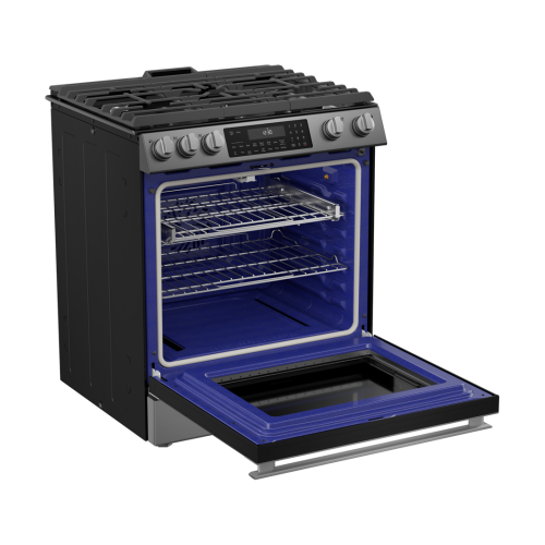 Gas slide-in range with convection oven, AirFry feature, and black glass interior in ranges and kitchen appliances collection