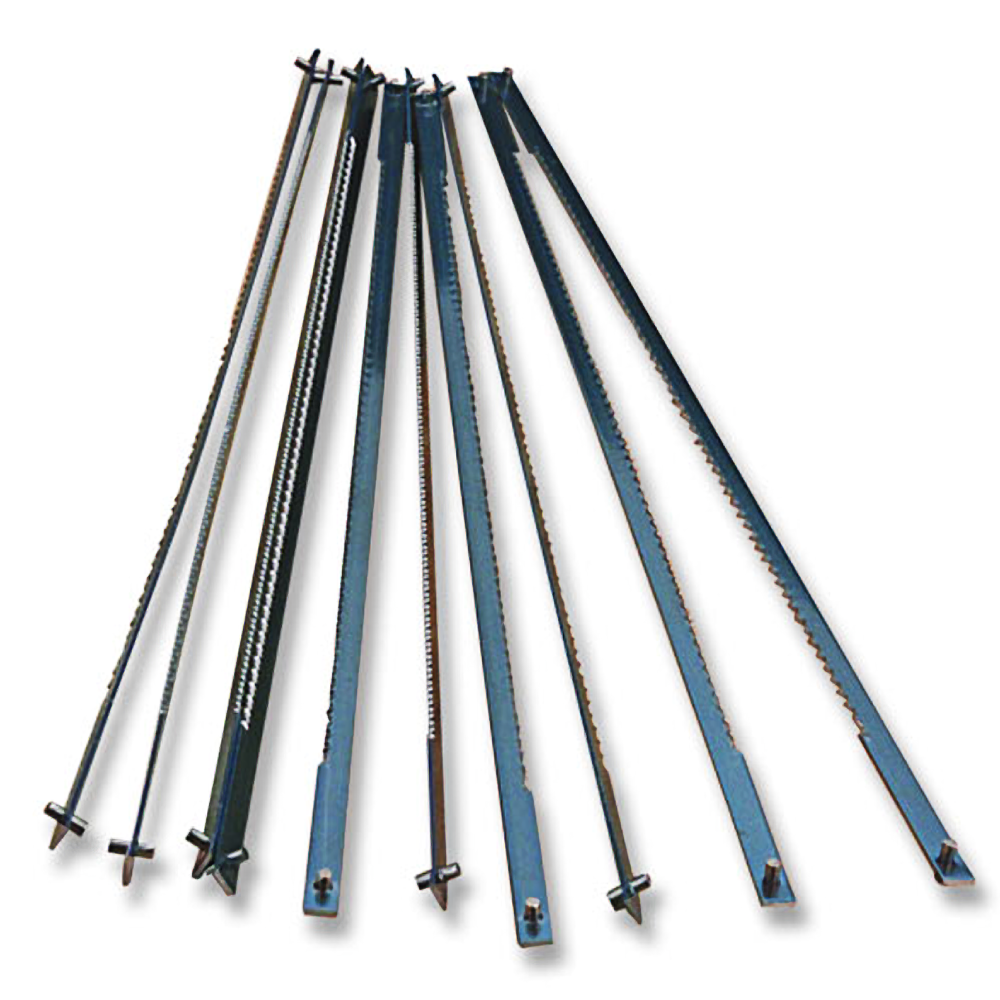 Set of twelve extra fine 6-1/2 inch coping saw blades with 24 teeth per inch for precision woodworking tasks
