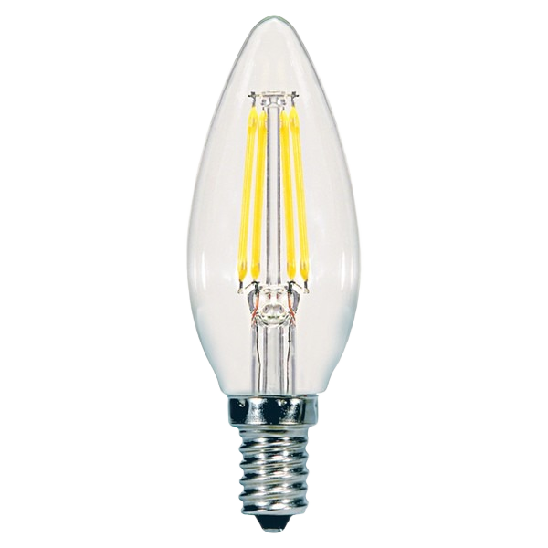 Clear LED candelabra base light bulb with visible filament design for energy-efficient residential lighting solutions