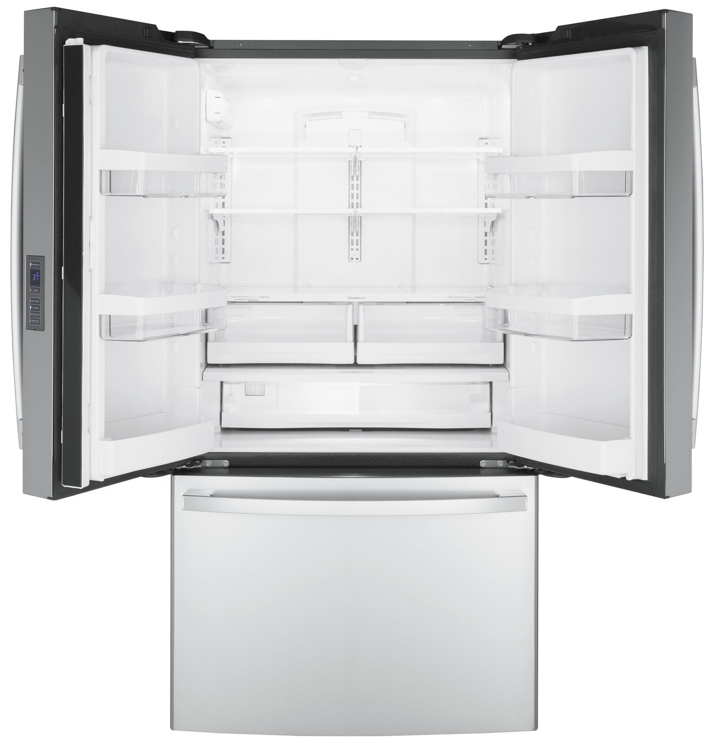 Open counter-depth French-door refrigerator with spacious interior and adjustable shelves from kitchen appliances collection