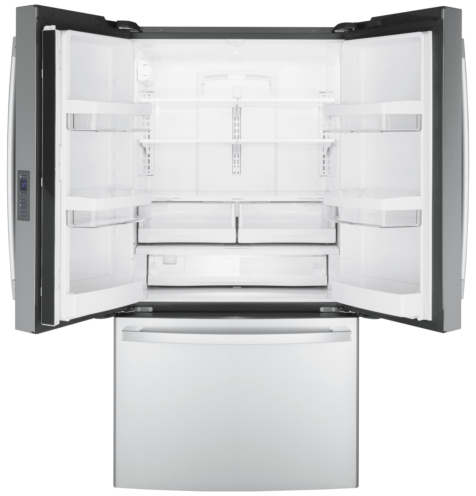 Open counter-depth French-door refrigerator with spacious interior and adjustable shelves from kitchen appliances collection