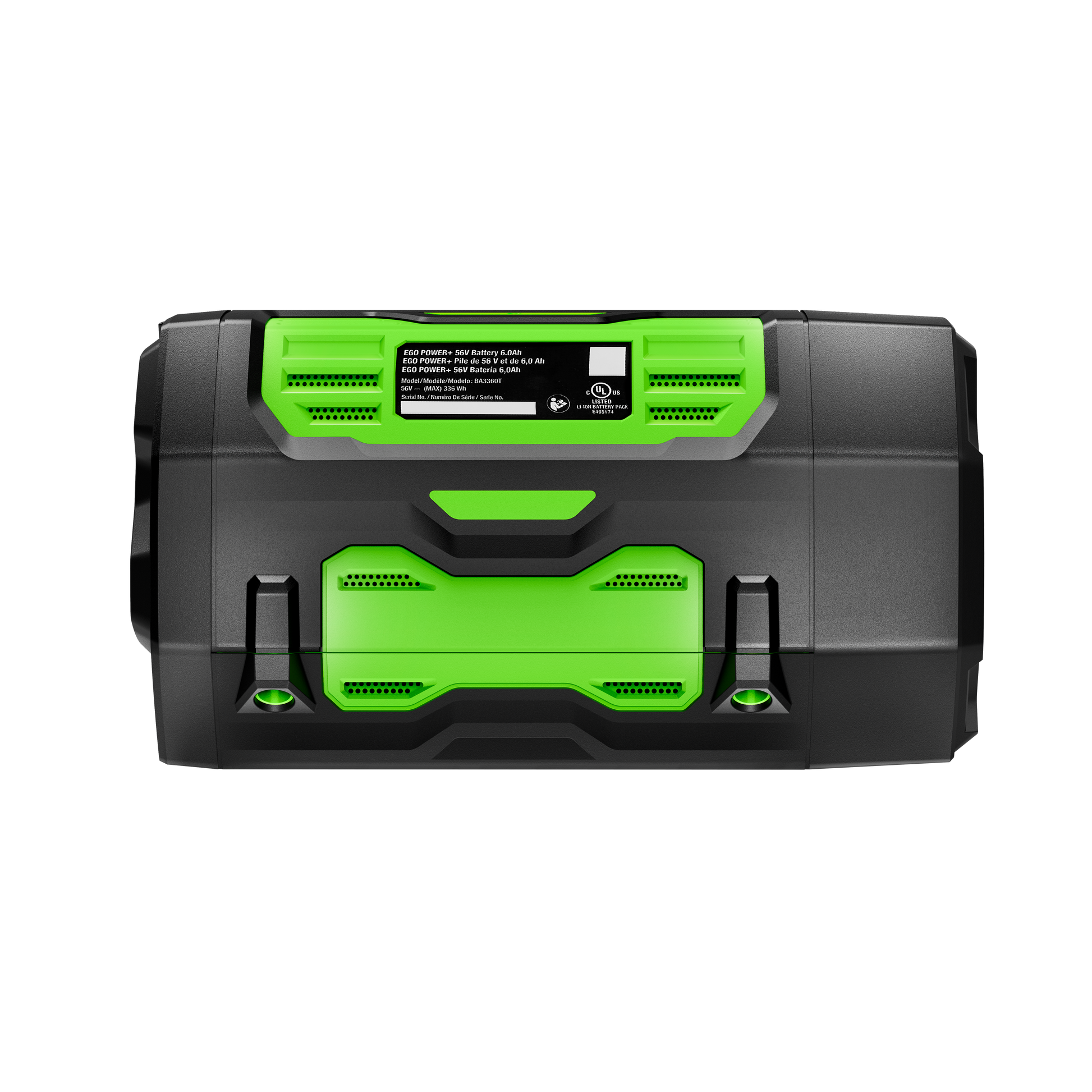 Top view of black and green 6.0 amp hour rechargeable battery pack designed for tools and home improvement tasks