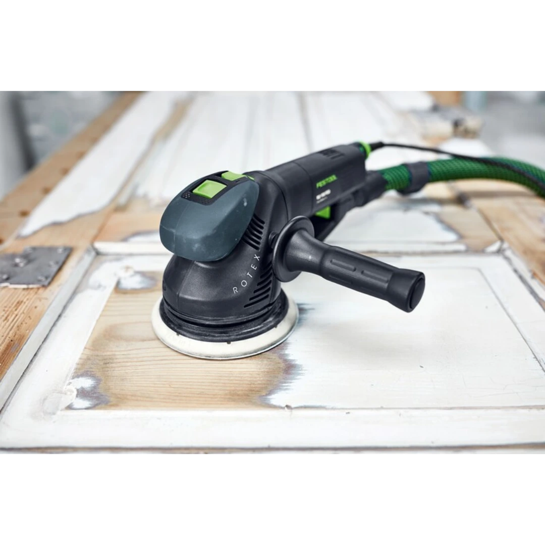 Black and green handheld power sander with auxiliary side handle for woodworking and home improvement tasks
