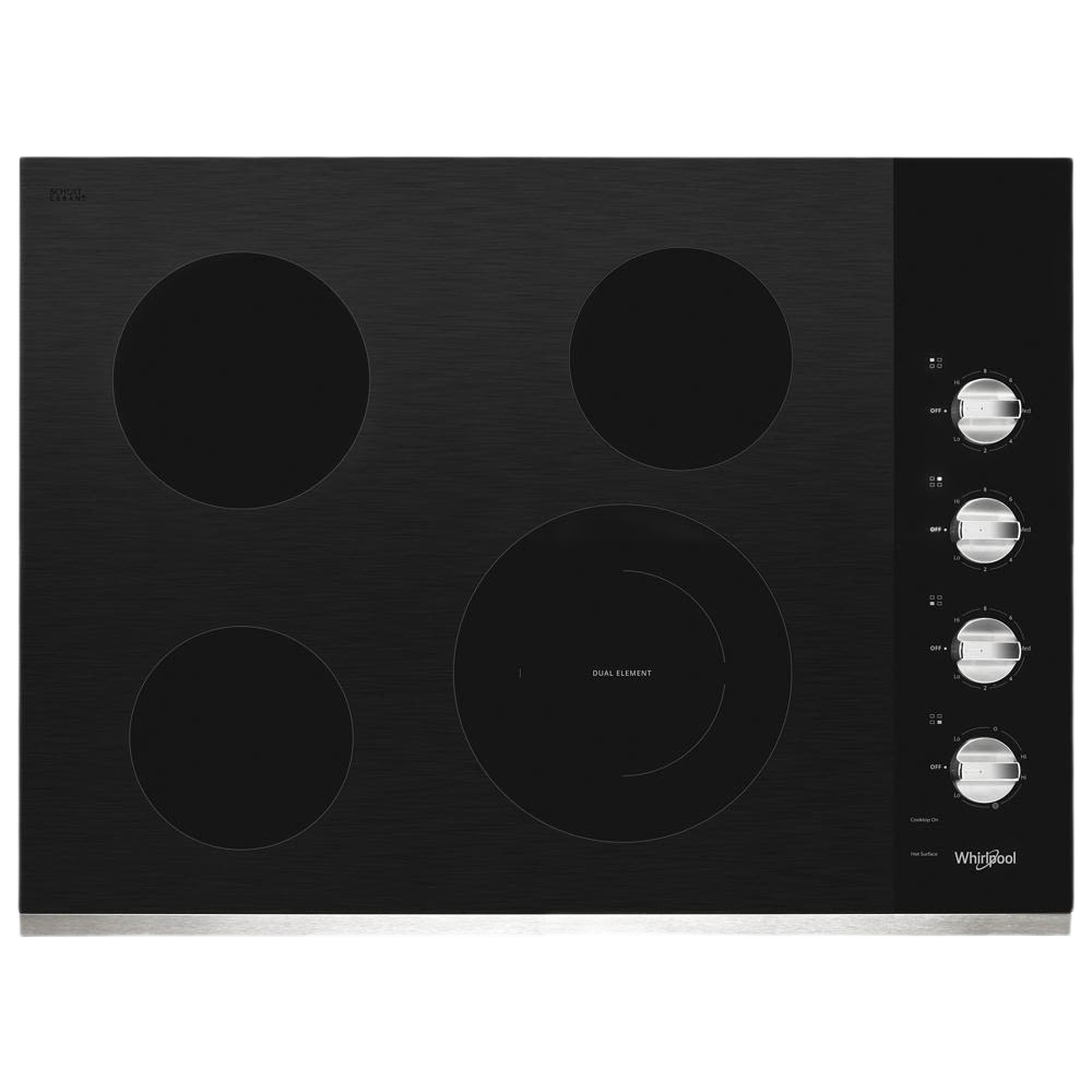 Black ceramic glass cooktop with four radiant heating elements and silver control knobs for kitchen appliances collection