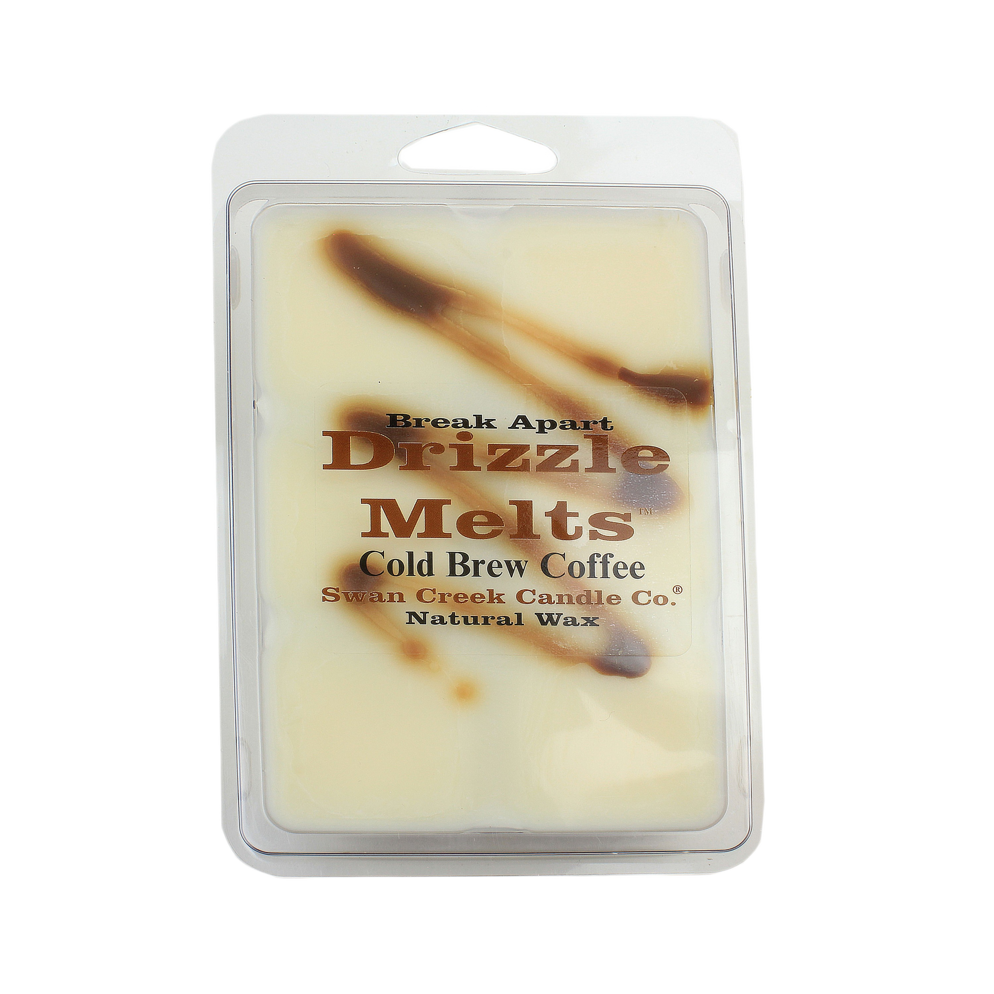 Natural wax coffee-scented candle melts with dark brown swirl accents in clear plastic clamshell packaging