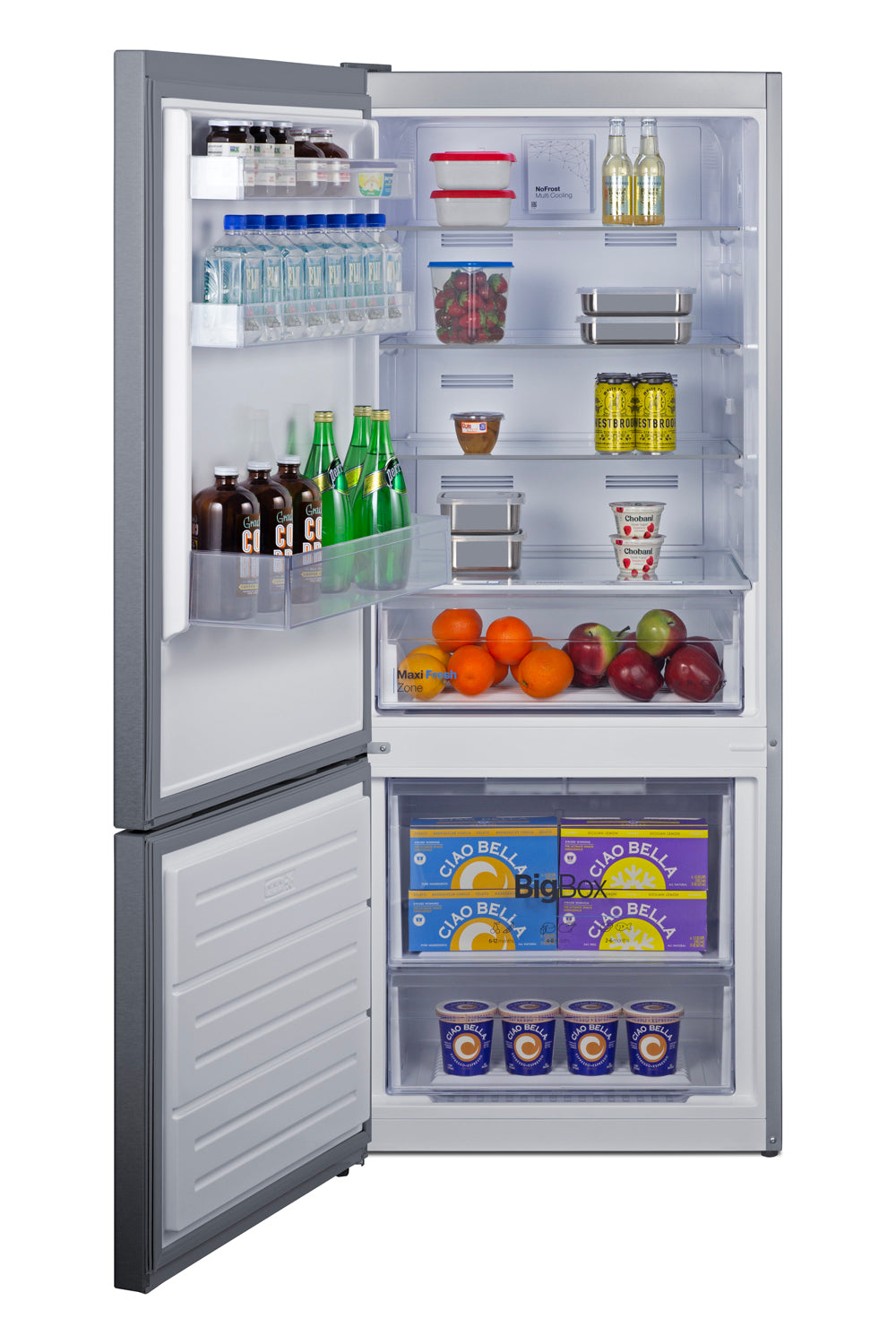 Open 28" wide bottom mount refrigerator-freezer with stainless steel finish, stocked with beverages and fresh produce in kitchen setting