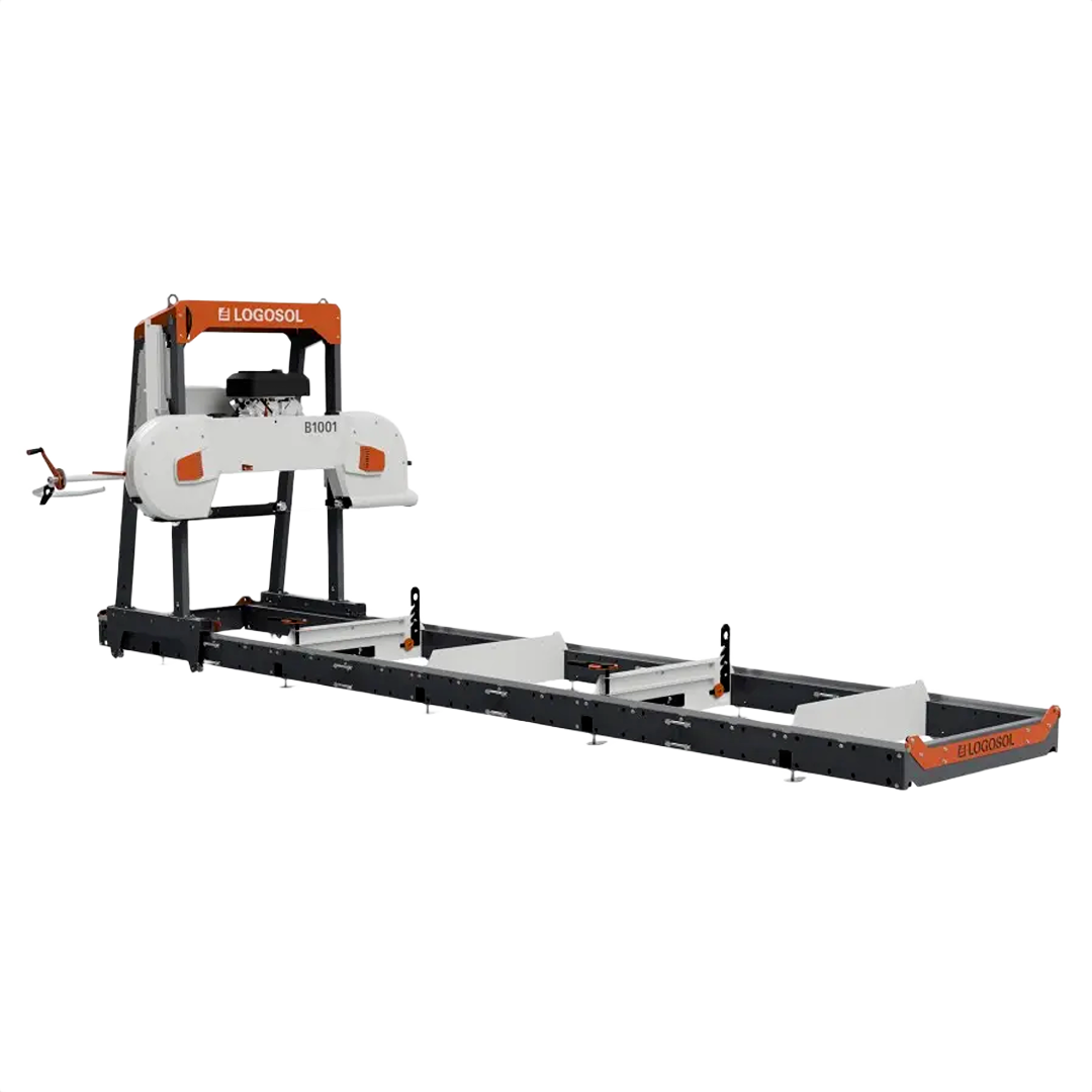 Portable logosol band sawmill with sturdy metal frame and gas engine for precise woodworking and home improvement tasks