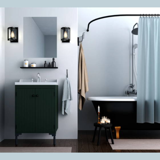 Matte black wall sconces with clear glass shades flanking mirror in modern bathroom with clawfoot tub and dark vanity