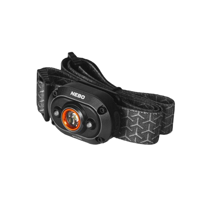 Compact rechargeable headlamp with adjustable black strap and orange ring accent for hands-free lighting tools under $50.