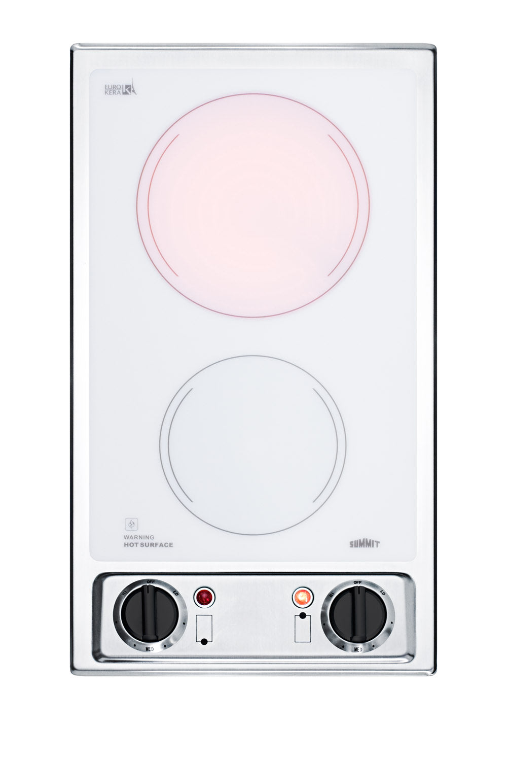 Compact white 2-burner radiant cooktop with black control knobs and indicator lights in kitchen appliances collection