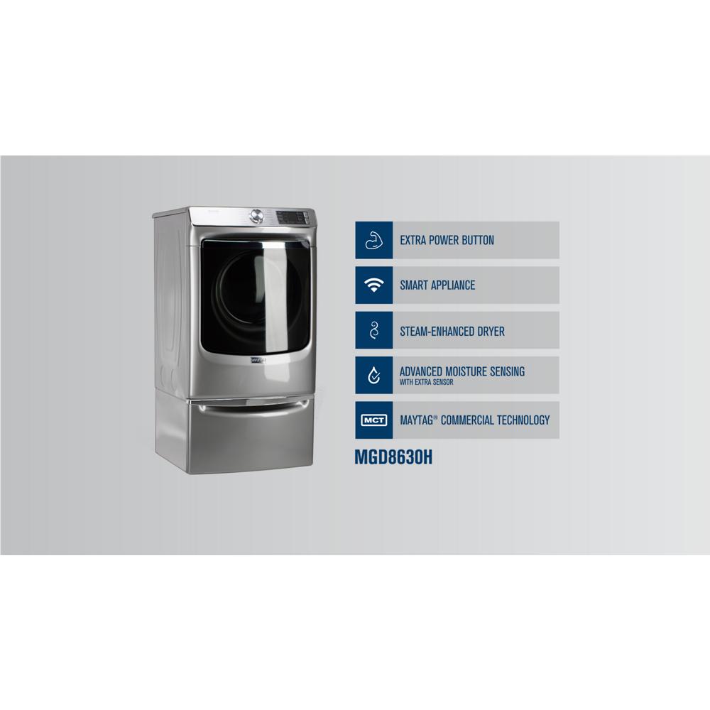 Stainless steel smart front load gas dryer highlighting extra power, steam feature, and advanced moisture sensing from Dryers collection