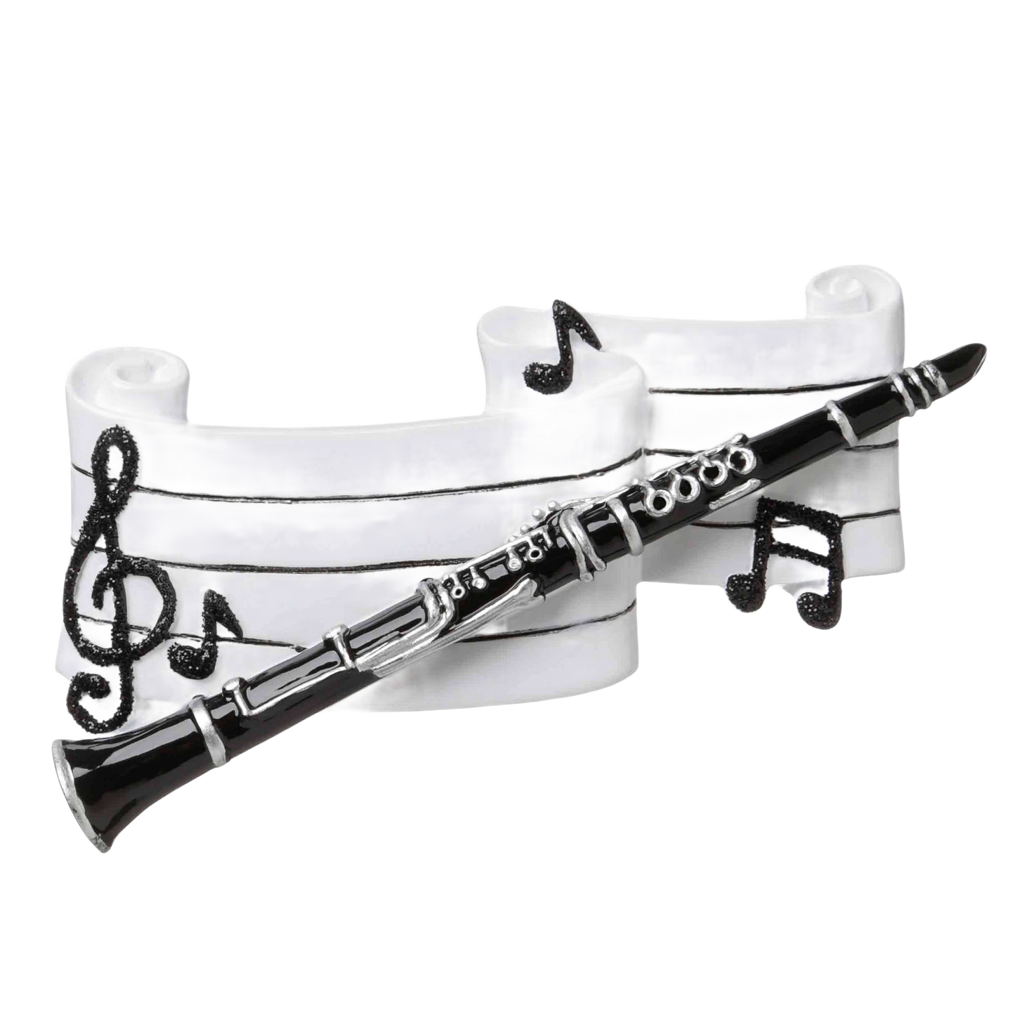 Black clarinet ornament resting on white musical staff with treble clef and notes, Christmas Ornaments & Tree Decorations under $50 collection