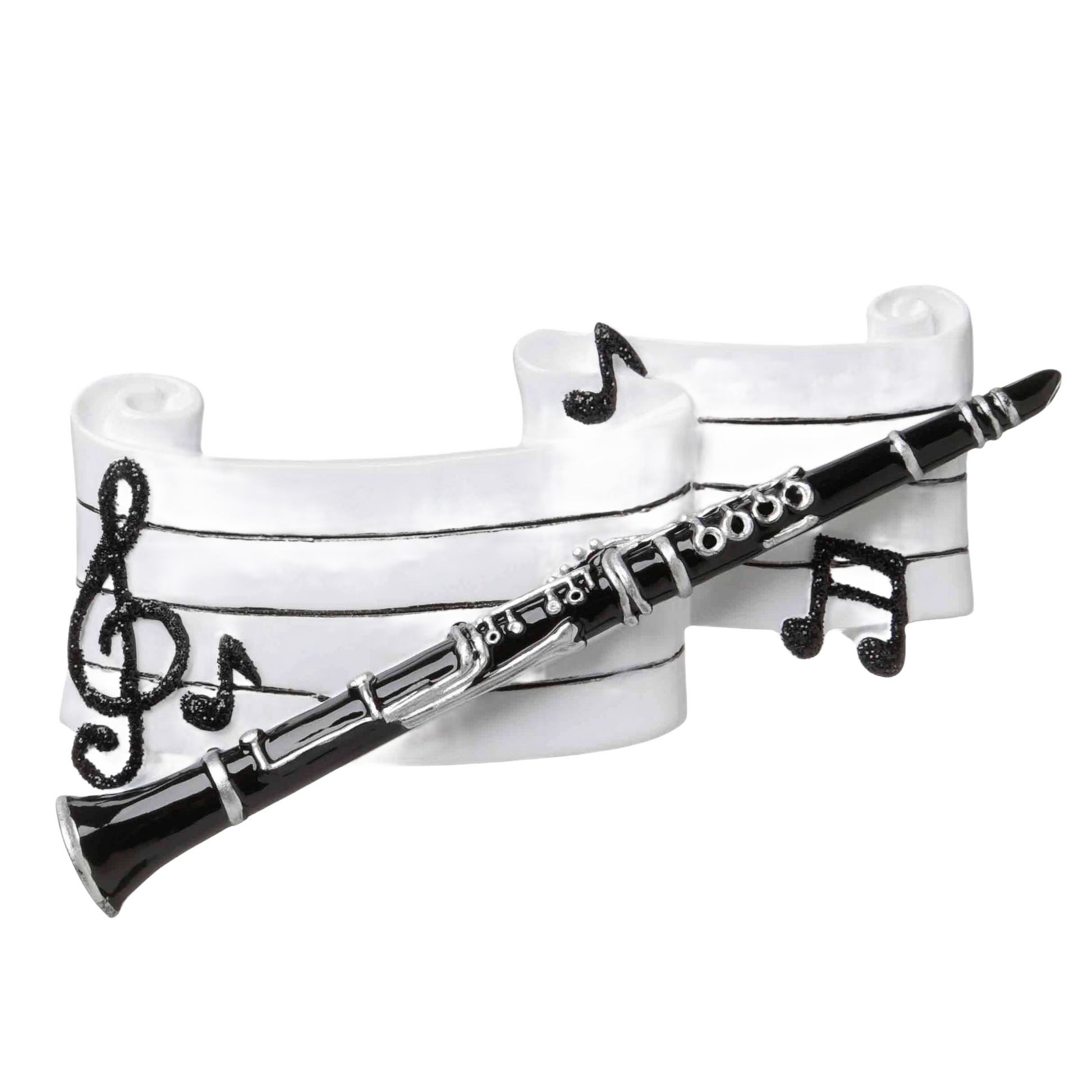 Black clarinet ornament resting on white musical staff with treble clef and notes, Christmas Ornaments & Tree Decorations under $50 collection