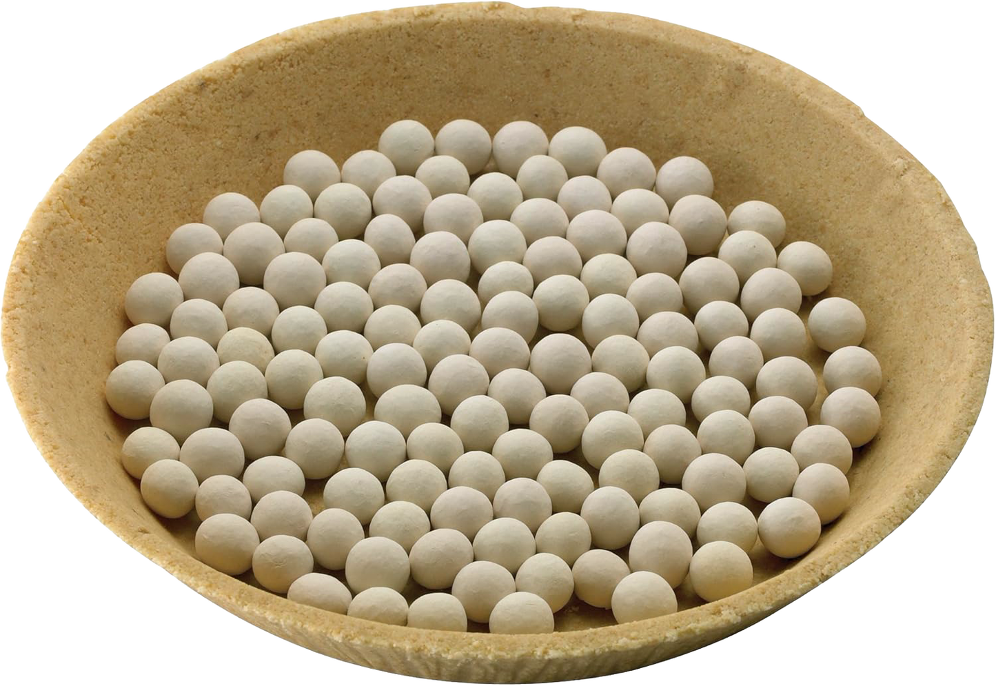Ceramic pie weights in round dough bowl to prevent shrinkage and ensure even baking from bakeware collection