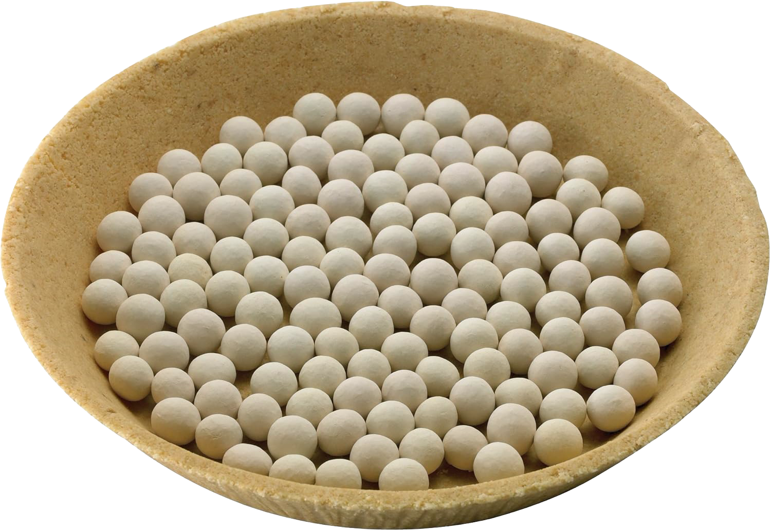 Ceramic pie weights in round dough bowl to prevent shrinkage and ensure even baking from bakeware collection